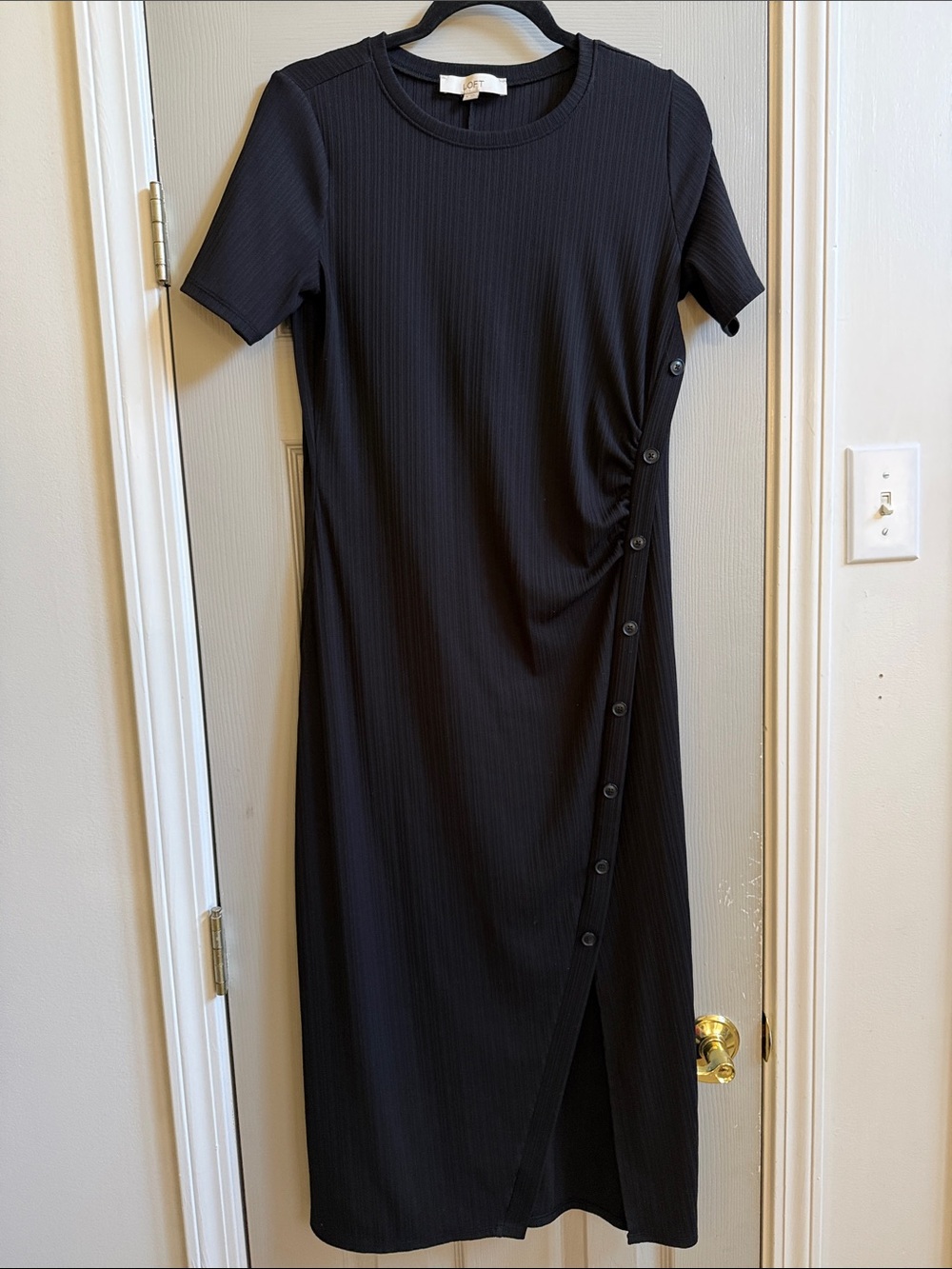 LOFT Black Ribbed Side-Button Midi Dress
